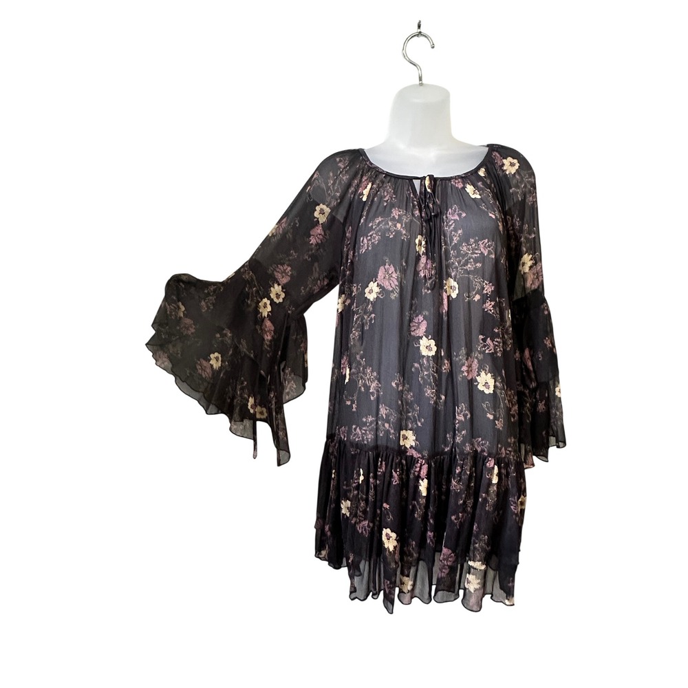 Free People Black Floral Sheer Bell Sleeve Ruffle Tiered Mini Dress Womens Small